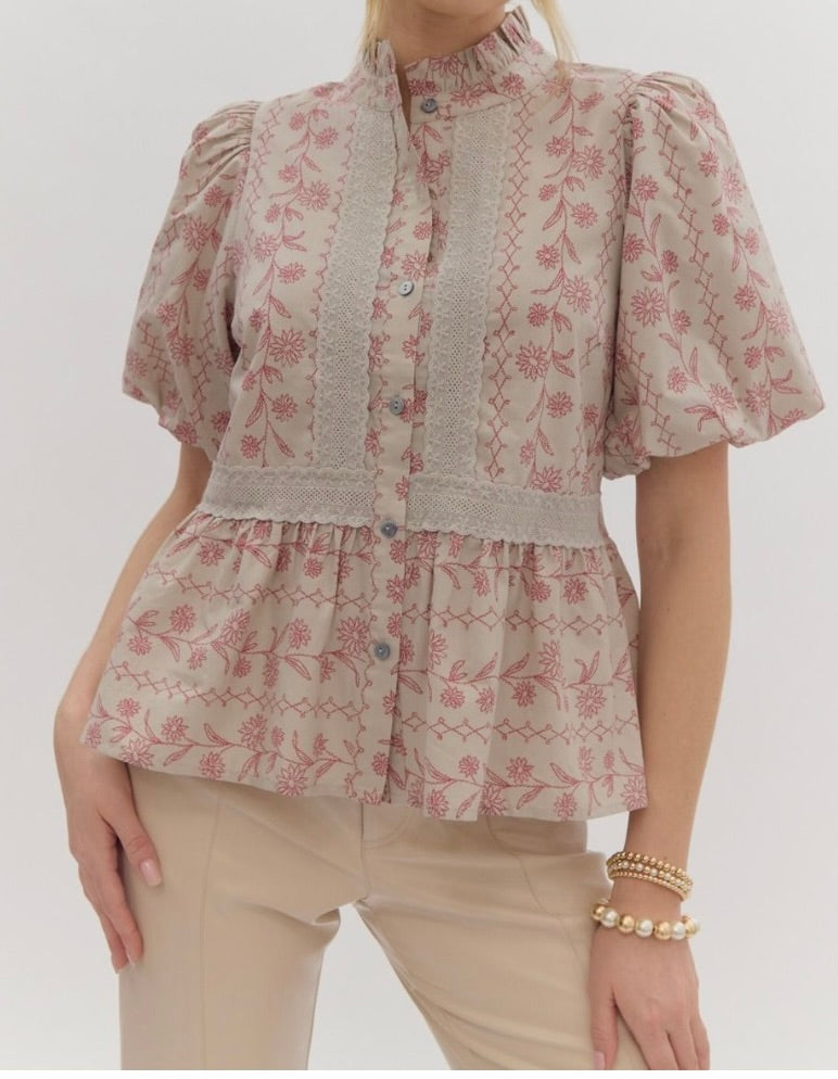 Floral Print Puff Sleeve w/ Lace