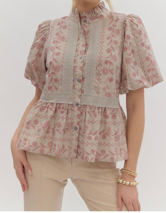 Floral Print Puff Sleeve w/ Lace