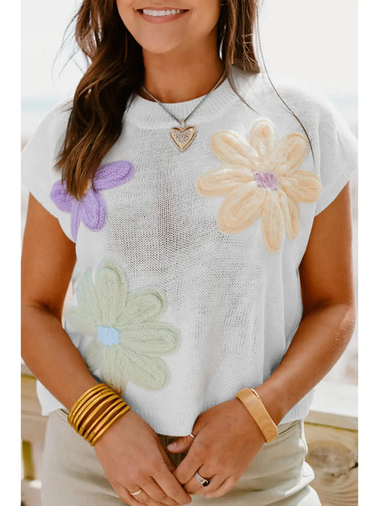 White Multi Crochet Flower Knit Short Sleeve Sweater Tops